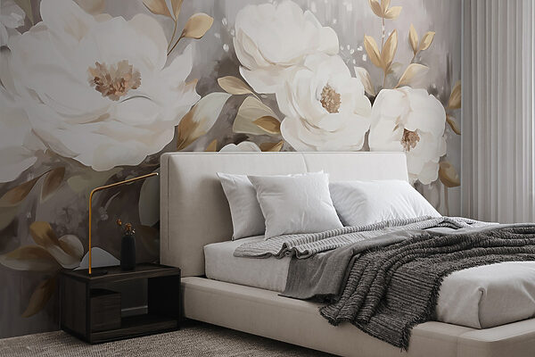 Malerei von weißen Blumen und Blättern Malerei von weißen Blumen und Blättern