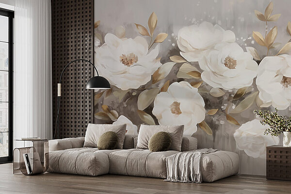 Malerei von weißen Blumen und Blättern Malerei von weißen Blumen und Blättern