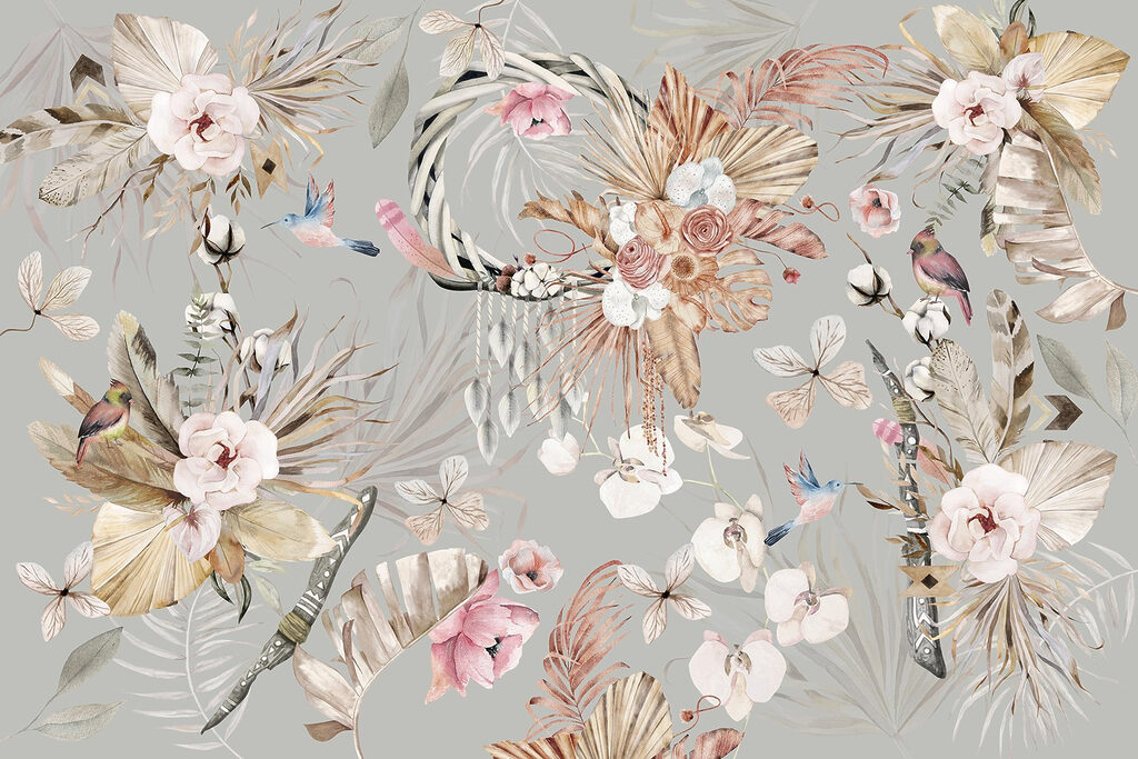 Tapete mit Blumen und Federn Tapete mit Blumen und Federn