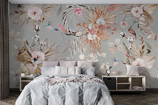 Tapete mit Blumen und Federn Tapete mit Blumen und Federn