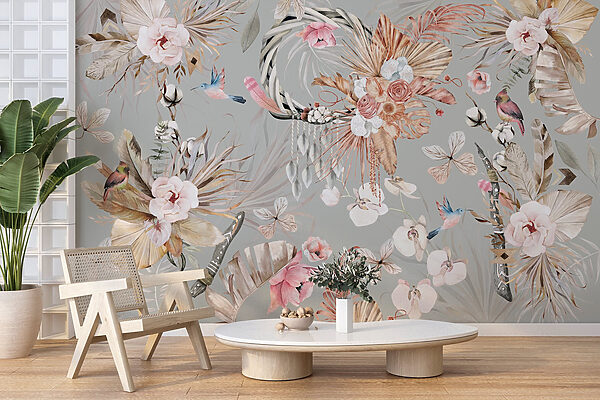 Tapete mit Blumen und Federn Tapete mit Blumen und Federn