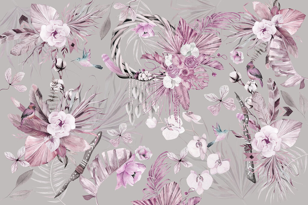 Tapete mit Blumen und Federn Tapete mit Blumen und Federn