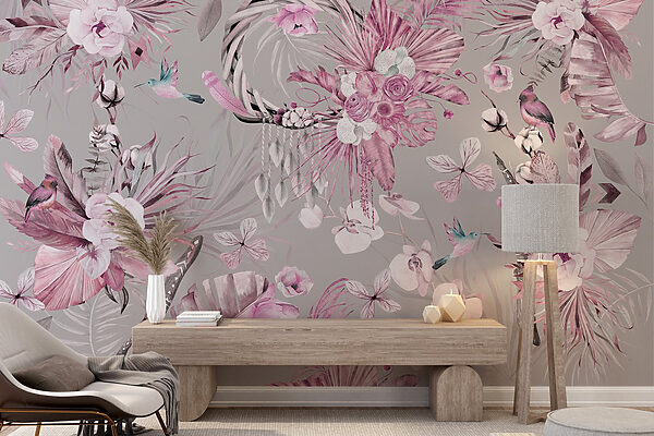 Tapete mit Blumen und Federn Tapete mit Blumen und Federn