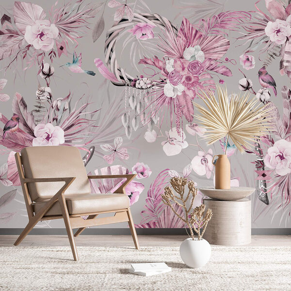 Tapete mit Blumen und Federn Tapete mit Blumen und Federn
