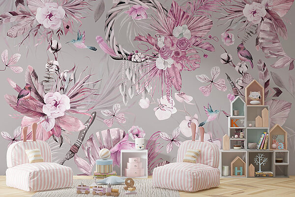 Tapete mit Blumen und Federn Tapete mit Blumen und Federn