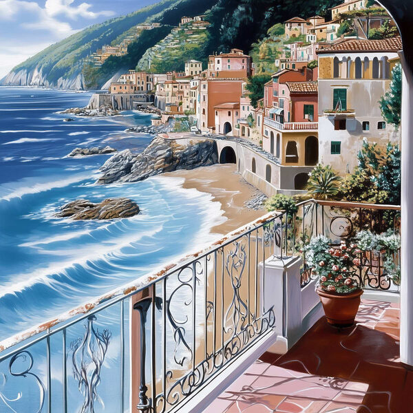 Balkon mit Blick auf einen Strand und eine Stadt Balkon mit Blick auf einen Strand und eine Stadt