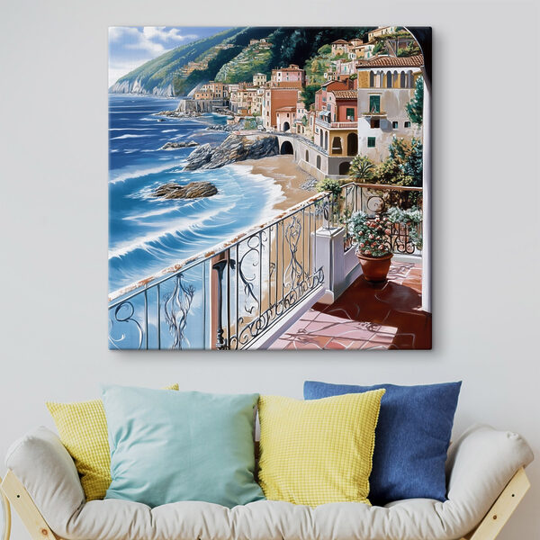 Balkon mit Blick auf einen Strand und eine Stadt Balkon mit Blick auf einen Strand und eine Stadt