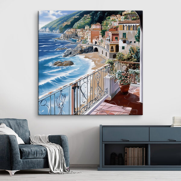 Balkon mit Blick auf einen Strand und eine Stadt Balkon mit Blick auf einen Strand und eine Stadt