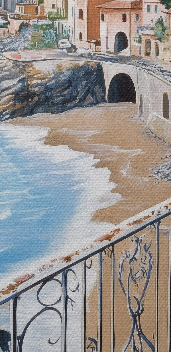 Balkon mit Blick auf einen Strand und eine Stadt Balkon mit Blick auf einen Strand und eine Stadt