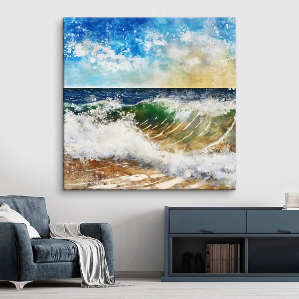 Aquarell von Wellen, die an einem Strand brechen Aquarell von Wellen, die an einem Strand brechen
