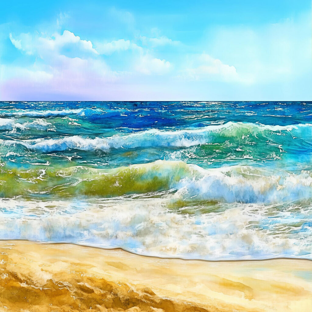 Watercolor of waves crashing on a beach