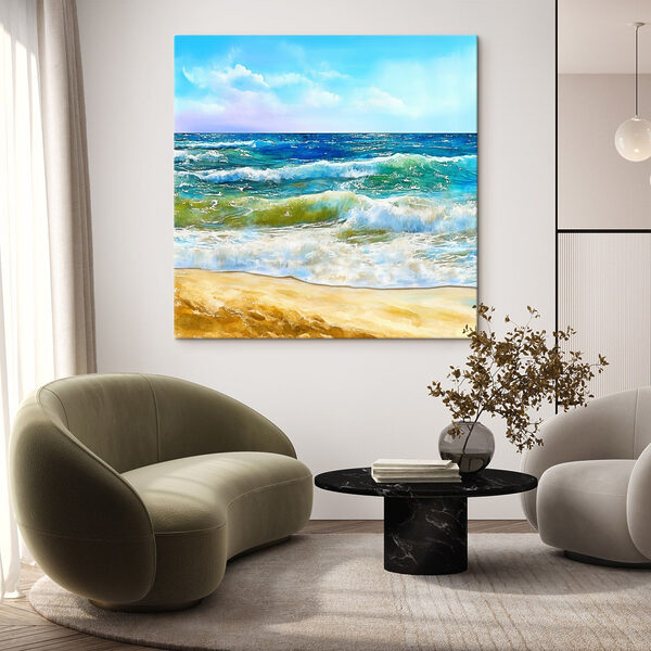 Aquarell von Wellen, die an einem Strand brechen Aquarell von Wellen, die an einem Strand brechen