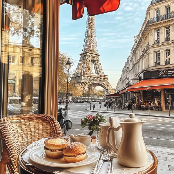 Tisch mit Essen darauf und ein Tisch mit einem Turm im Hintergrund Tisch mit Essen darauf und ein Tisch mit einem Turm im Hintergrund