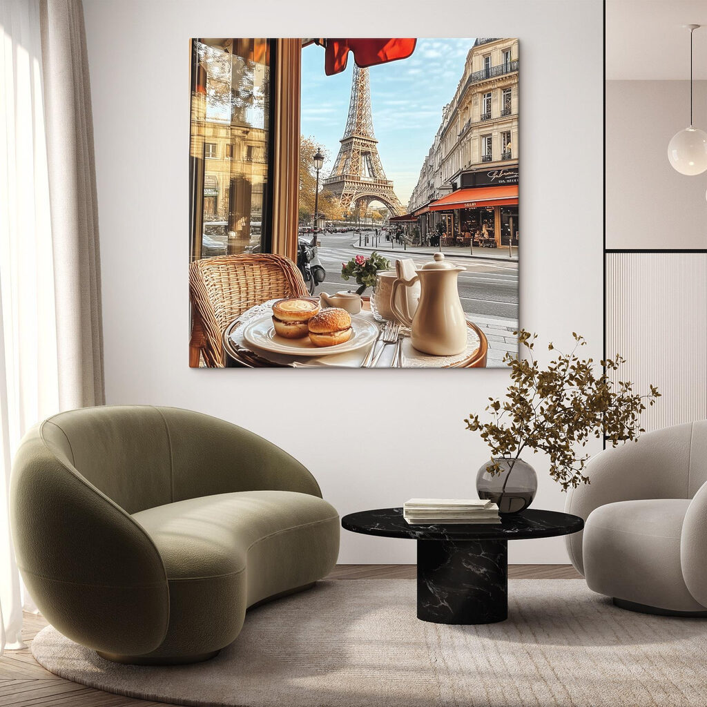 Table with food on it and a table with a tower in the background Table with food on it and a table with a tower in the background