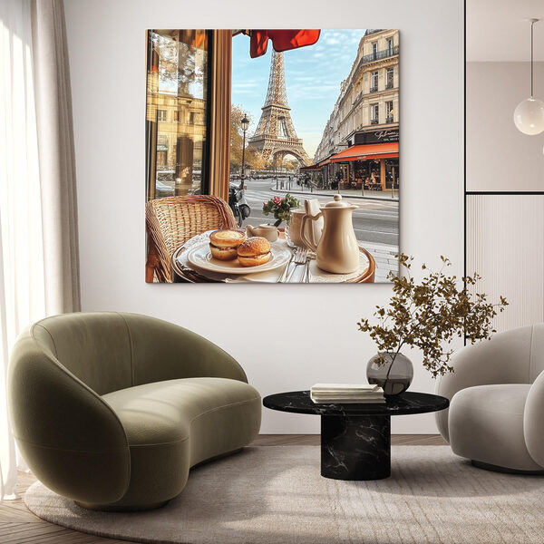 Tisch mit Essen darauf und ein Tisch mit einem Turm im Hintergrund Tisch mit Essen darauf und ein Tisch mit einem Turm im Hintergrund