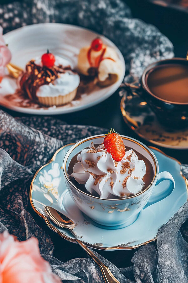 Tasse Kaffee mit Schlagsahne und Erdbeeren Tasse Kaffee mit Schlagsahne und Erdbeeren