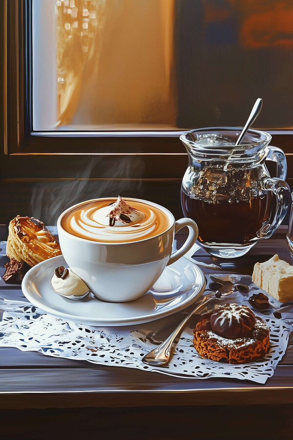 Eine Tasse Kaffee und eine Kanne Tee Eine Tasse Kaffee und eine Kanne Tee