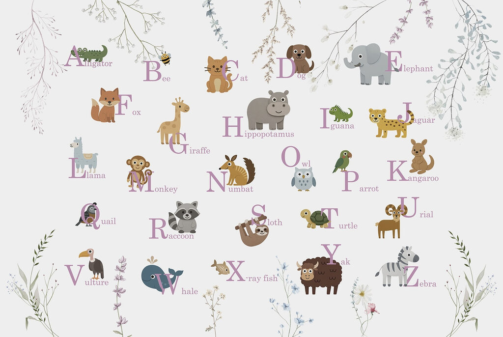 Wallpaper with animals and letters