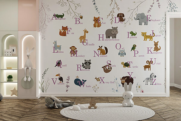 Wallpaper with animals and letters