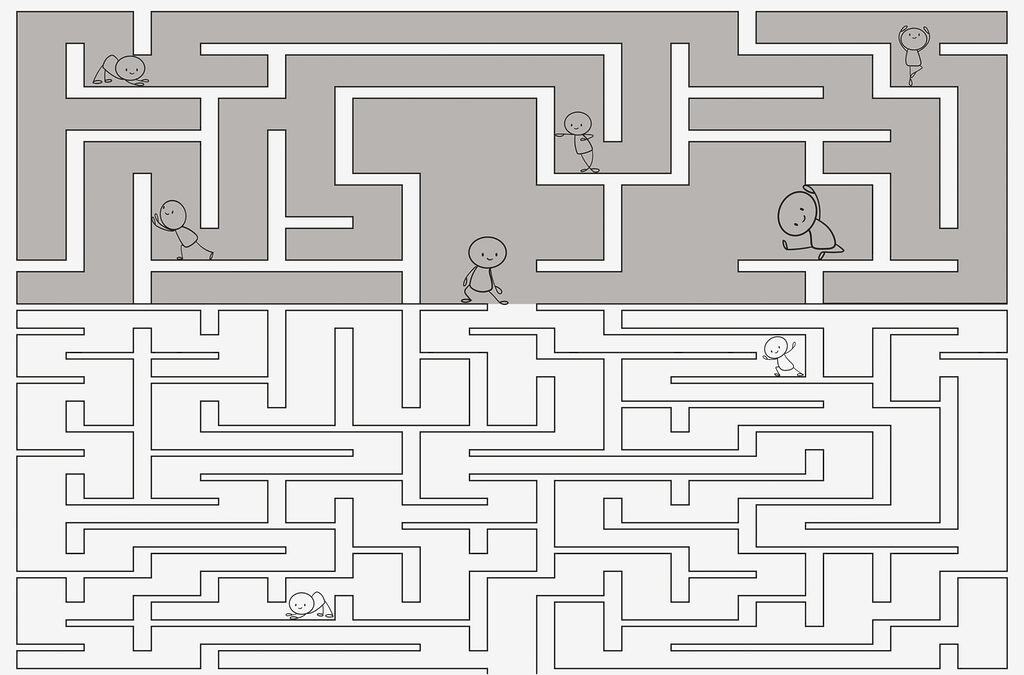 Labyrinthspiel mit Cartoon-Menschen, die auf dem Boden laufen Labyrinthspiel mit Cartoon-Menschen, die auf dem Boden laufen