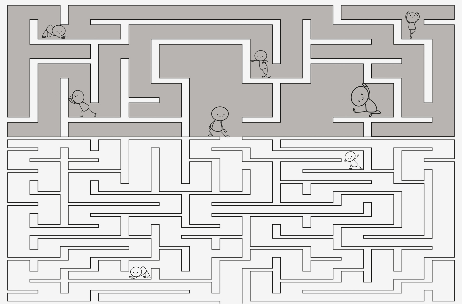 Maze game with cartoon people walking on the ground Maze game with cartoon people walking on the ground