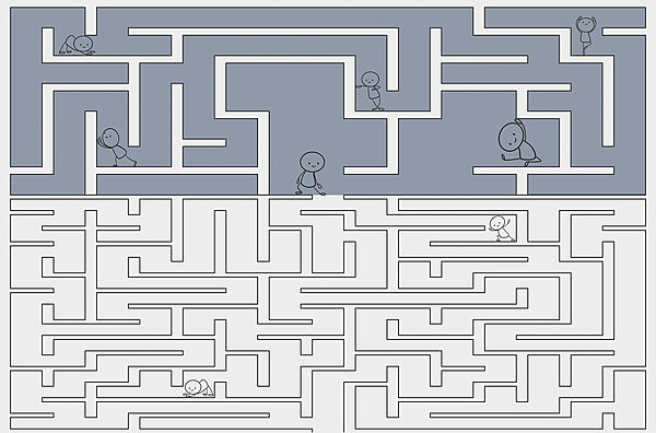 Labyrinth mit Menschen, die auf dem Boden laufen Labyrinth mit Menschen, die auf dem Boden laufen