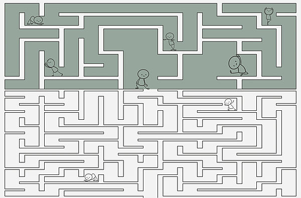 Labyrinthspiel mit Zeichentrickfiguren, die durch das Labyrinth laufen Labyrinthspiel mit Zeichentrickfiguren, die durch das Labyrinth laufen