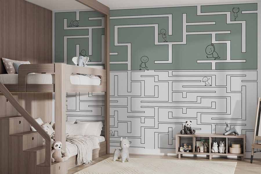 Labyrinthspiel mit Zeichentrickfiguren, die durch das Labyrinth laufen