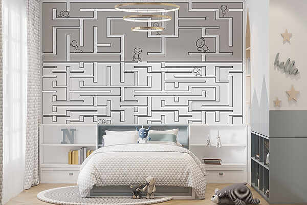 Labyrinth mit Menschen, die auf dem Boden laufen Labyrinth mit Menschen, die auf dem Boden laufen
