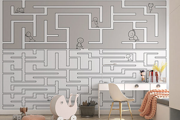 Labyrinth mit Menschen, die auf dem Boden laufen Labyrinth mit Menschen, die auf dem Boden laufen