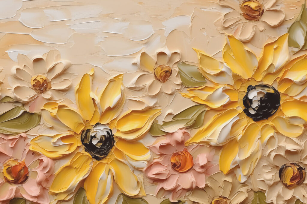 Gemälde mit Blumen an einer Wand Gemälde mit Blumen an einer Wand