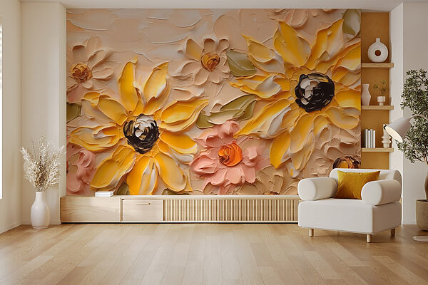 Gemälde mit Blumen an einer Wand Gemälde mit Blumen an einer Wand