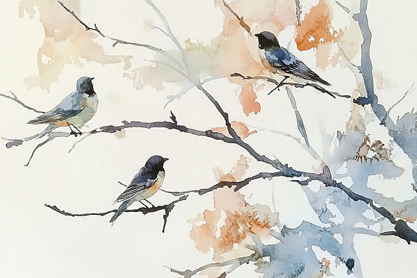 Aquarell von Vögeln auf einem Baumzweig Aquarell von Vögeln auf einem Baumzweig