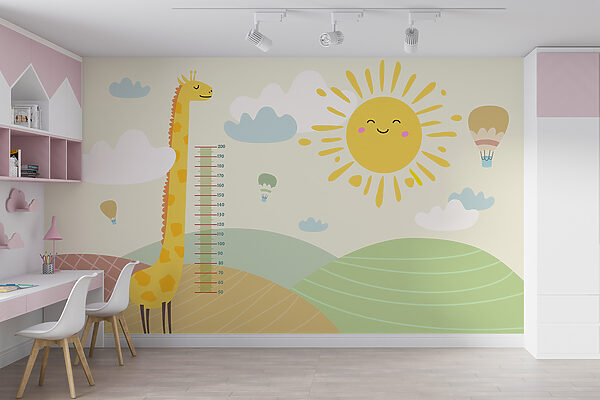 Eine Giraffe, die auf einem Feld mit Sonne und Wolken steht Eine Giraffe, die auf einem Feld mit Sonne und Wolken steht