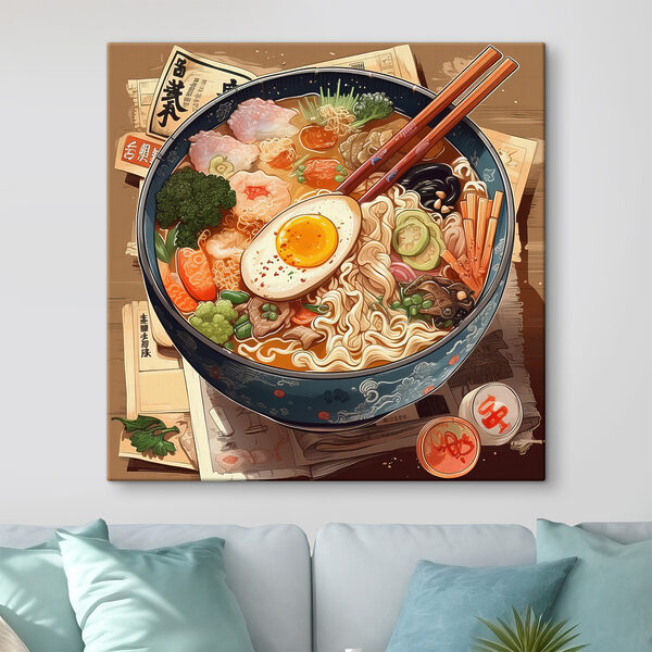 Eine Schüssel Ramen mit Stäbchen und einem Ei Eine Schüssel Ramen mit Stäbchen und einem Ei