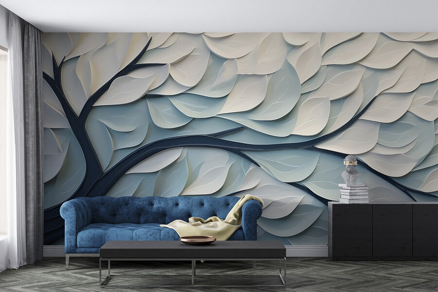 Weißer und blauer Baum mit Blättern