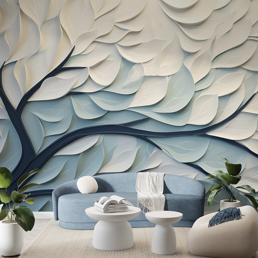Weißer und blauer Baum mit Blättern