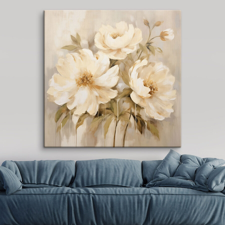 Gemälde mit Blumen an einer Wand Gemälde mit Blumen an einer Wand