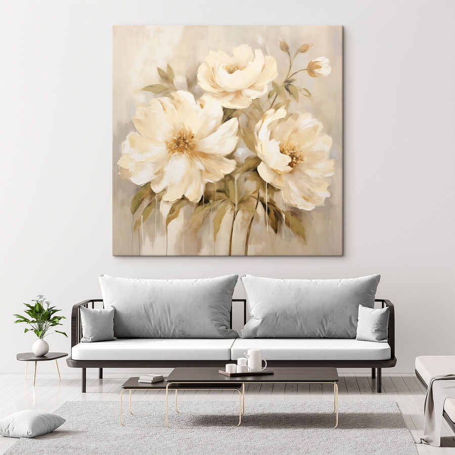 Gemälde mit Blumen an einer Wand Gemälde mit Blumen an einer Wand