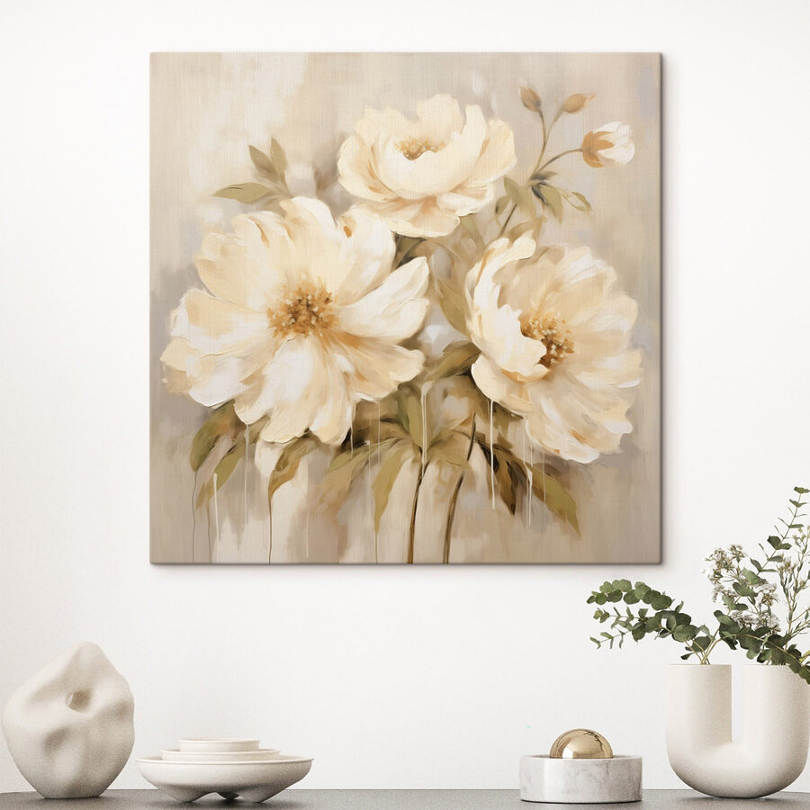 Gemälde mit Blumen an einer Wand Gemälde mit Blumen an einer Wand