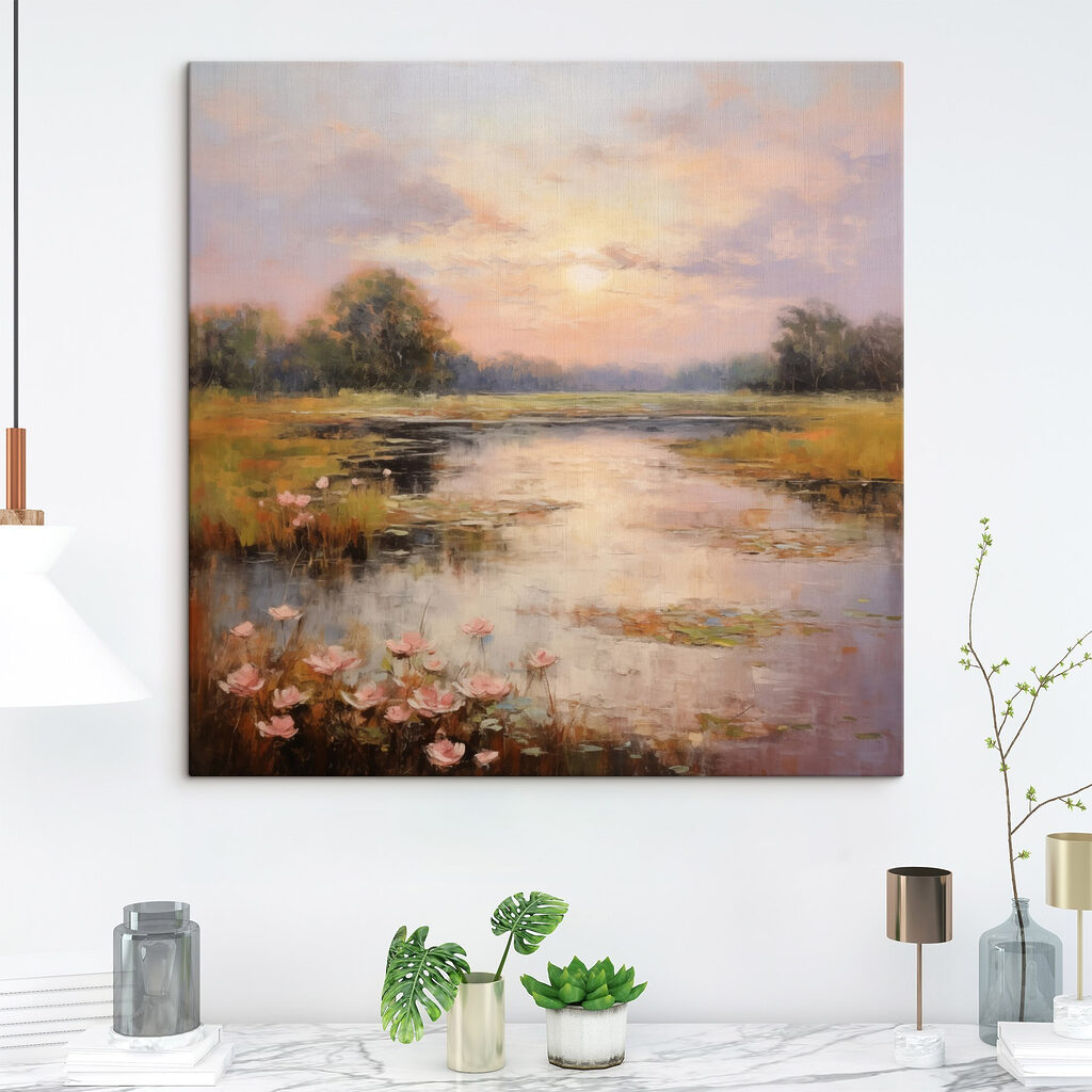 Painting of a lake with flowers