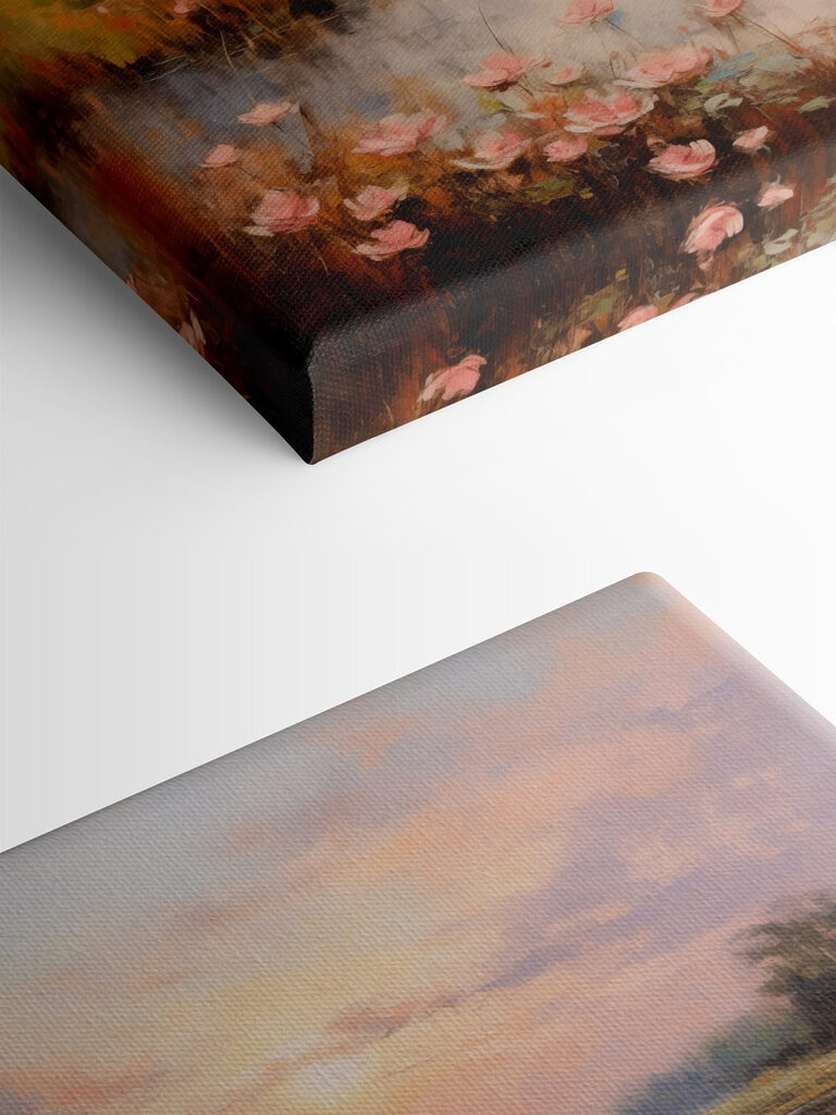 Painting of a lake with flowers