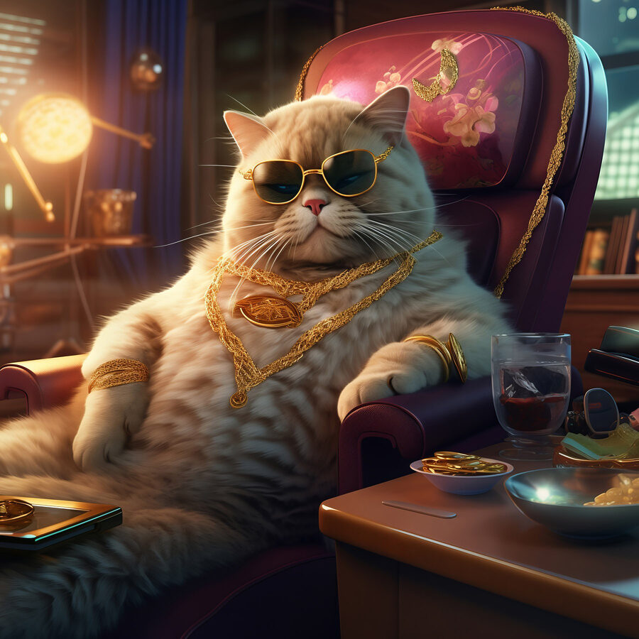 Katze mit Sonnenbrille und Halskette sitzt auf einem Stuhl