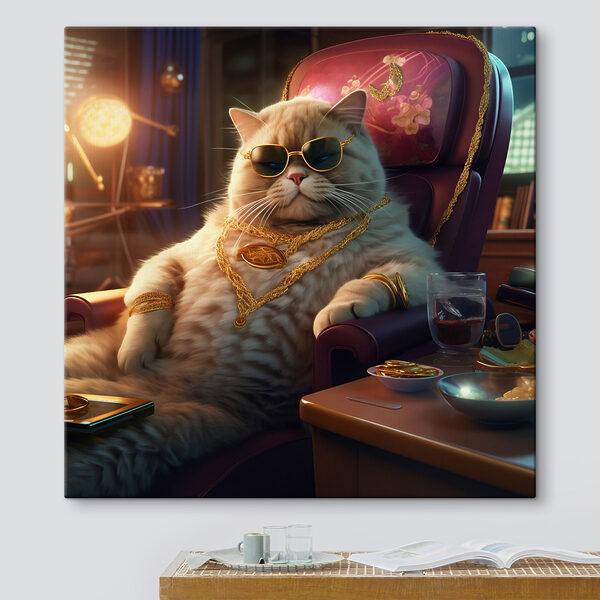 Katze mit Sonnenbrille und Halskette sitzt auf einem Stuhl Katze mit Sonnenbrille und Halskette sitzt auf einem Stuhl