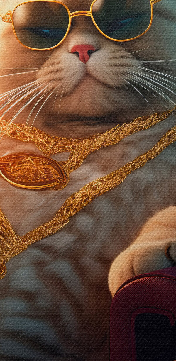 Katze mit Sonnenbrille und Halskette sitzt auf einem Stuhl Katze mit Sonnenbrille und Halskette sitzt auf einem Stuhl