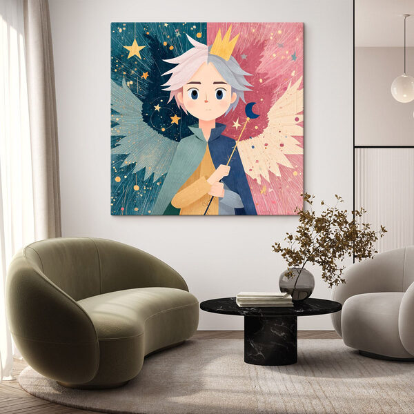 Cartoon of a boy with wings and a crown