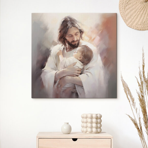 Gemälde eines Mannes, der ein Baby hält Gemälde eines Mannes, der ein Baby hält