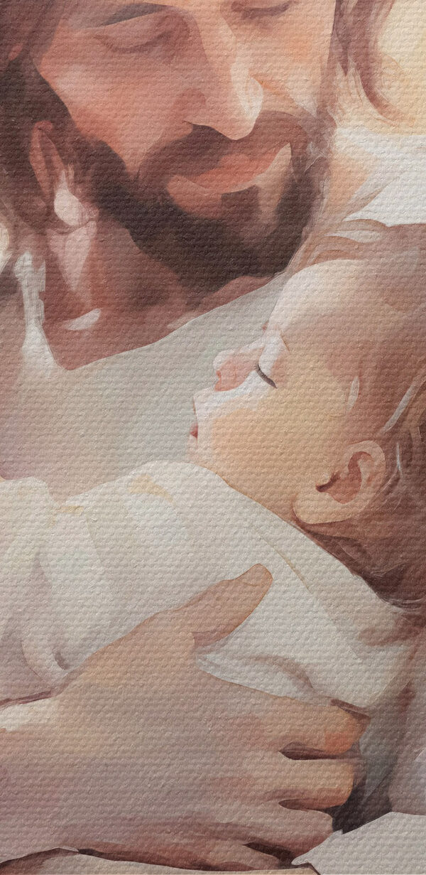 Gemälde eines Mannes, der ein Baby hält Gemälde eines Mannes, der ein Baby hält