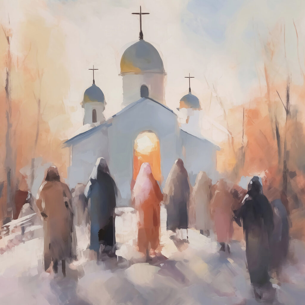 Group of people walking in front of a church