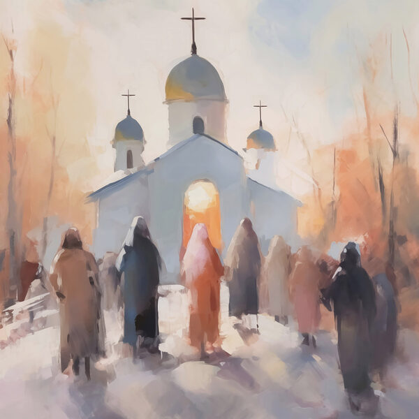 Gruppe von Menschen, die vor einer Kirche gehen Gruppe von Menschen, die vor einer Kirche gehen